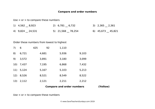 Compare whole numbers worksheet