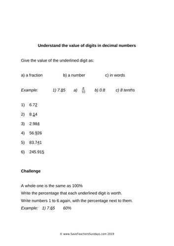 Year 5 Place Value with Decimals Worksheets (differentiated) and Presentation
