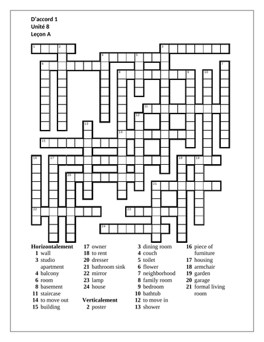 D #39 accord 1 Unité 8 Leçon A Crossword Teaching Resources