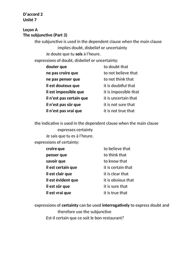 D'accord 2 Unité 7 Study Guide