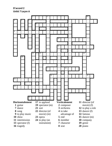 D #39 accord 2 Unité 7 Leçon A Crossword Teaching Resources