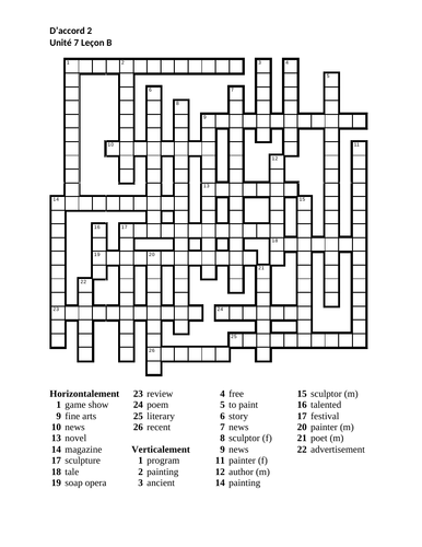 D'accord 2 Unité 7 Leçon B Crossword