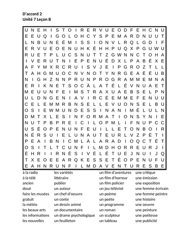 D'accord 2 Unité 7 Leçon B Wordsearch