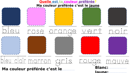 KS2 les couleurs:  handwriting practice with colours in French