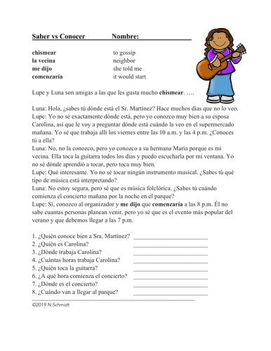 Saber vs Conocer Reading + Worksheet