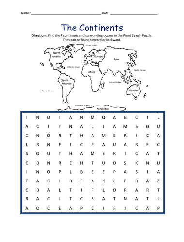 The Continents Word Search Puzzle Teaching Resources