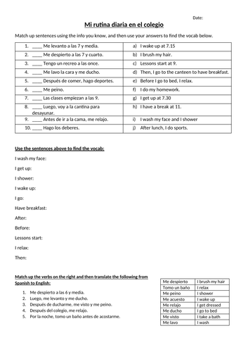 Rutina diaria en el colegio / mi rutina / el colegio - worksheet