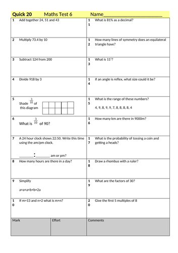 Maths Test "Quick 20" Questions (with answers) Mixed topics KS3 and KS4 FREE SAMPLE