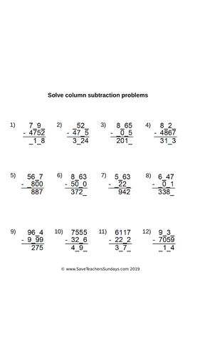 Year 5 Column Subtraction Worksheets (differentiated) and Other Resources