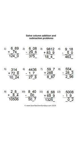 Year 5 Column Addition and Subtraction Worksheets (differentiated) and Other Resources