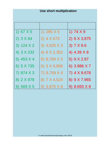 Year 5 Short Multiplication Worksheets (differentiated) and Other Resources