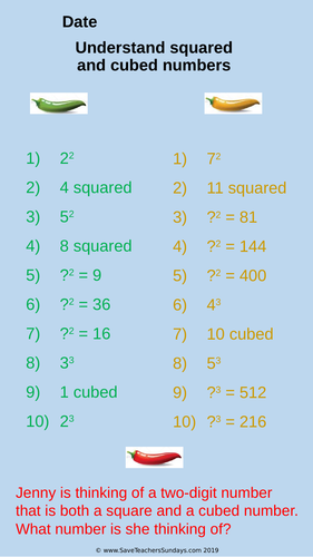 Squared And Cubed Numbers Year 5 Worksheets