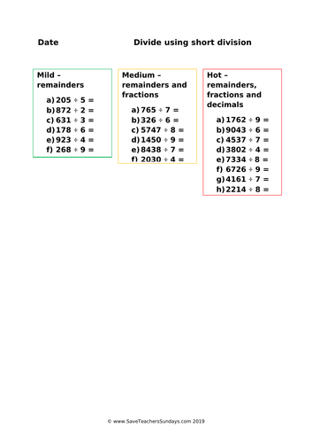 year 5 short division worksheets differentiated and other resources