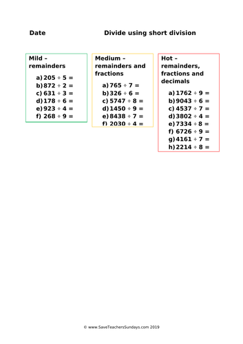 Year 5 Short Division Worksheets (differentiated) and Other Resources