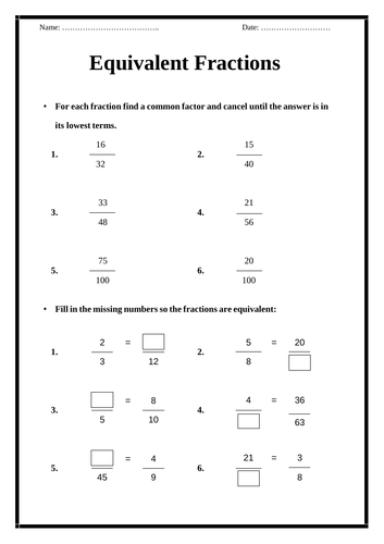 equivalent fractions worksheet teaching resources