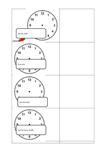 Spanish Telling the time differentiated worksheet