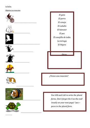 Spanish pets worksheet differentiated