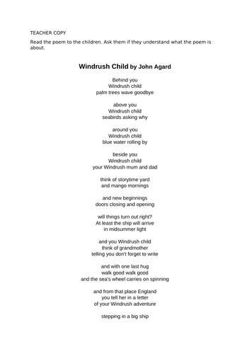 Windrush Child by John Agard Lesson Activities