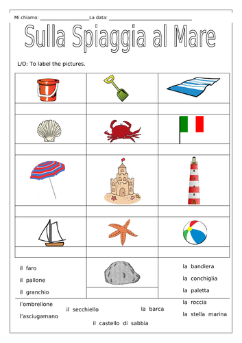 ITALIAN - On the Beach at the Sea - Sulla  spiaggia al Mare - Worksheets