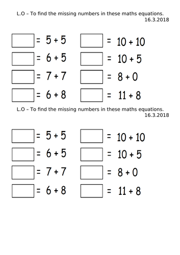 Year 1 and 2 missing number worksheet