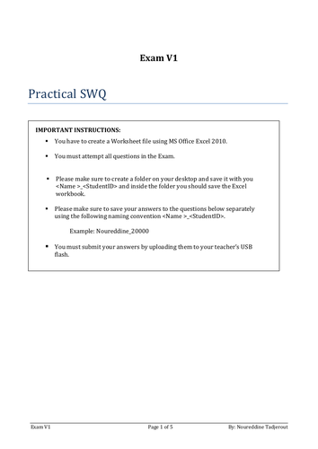 Y11 Practical Exam Excel 2010 with answer