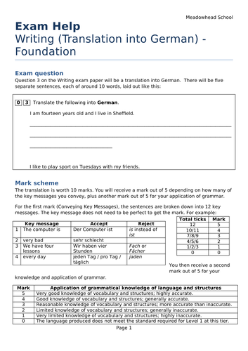 AQA GCSE German Exam Help Sheet for Writing Translation (English to German) - Foundation