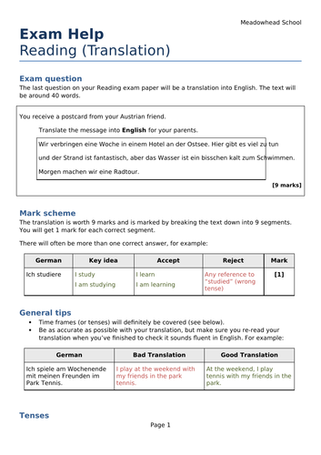 AQA GCSE German Exam Help Sheet for the Reading Translation (German to English)
