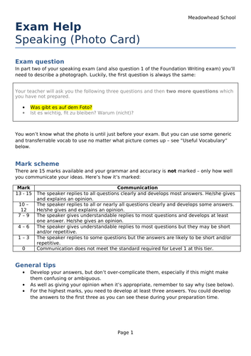 AQA GCSE German Exam Help Sheet for the Speaking Exam - Photo Card