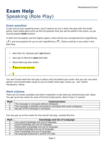 AQA GCSE German Exam Help Sheet for the Speaking Exam - Role Play