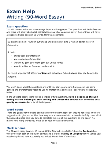 AQA GCSE German Exam Help Sheet for the Writing Exam - 90-Word Essay