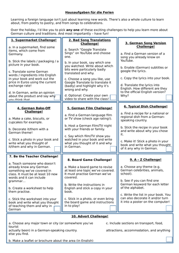 German Holiday Homework - 20 Tasks and Challenges to Choose From