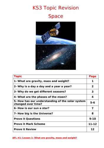 KS3 Space unit topic revision booklet