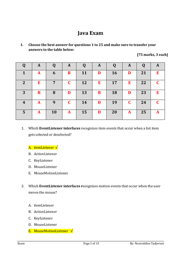 Basic Java programming  Exam with answer for Year 10