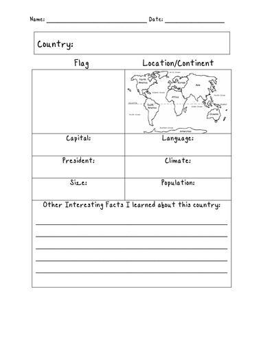 COUNTRY FACT SHEET BLANK PRINTABLE WORKSHEET