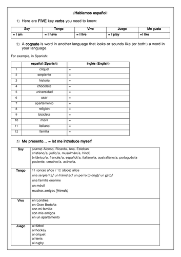 Beginner Spanish Introducing myself with key verbs and cognates