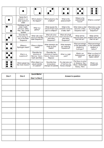 Stars and Planets Revision Dice Game