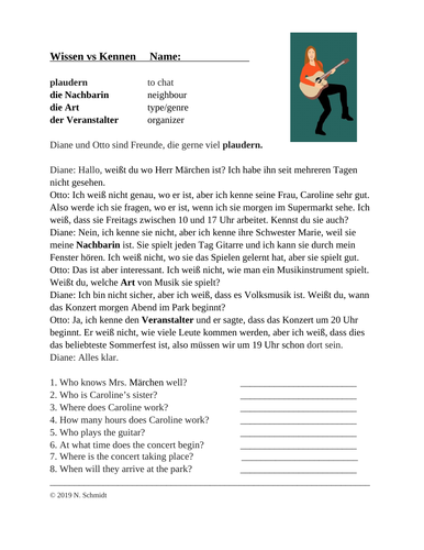 Wissen vs Kennen Deutsch Lesung: German Reading + Worksheet