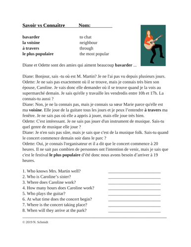 Savoir vs Connaître French Reading + Worksheet: Lecture en Français