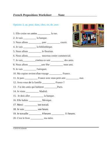French Prepositions Worksheet: Prépositions: à, au, pour, dans, chez, en, de etc