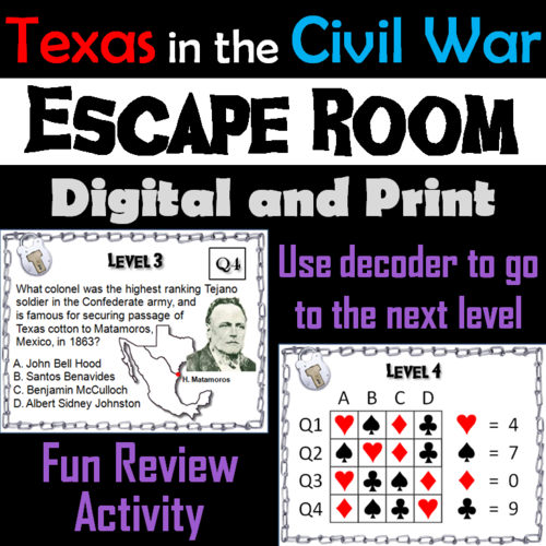 Texas in the Civil War Activity: Escape Room Social Studies