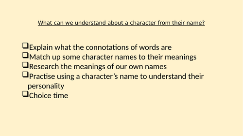 Introduction to connotations/meanings of character names - KS2 or SEN KS3/4