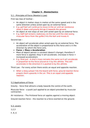 IGCSE PE - Chapter 5 - Biomechanics summary revision resource