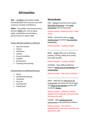IGCSE PE - Chapter 8 Skill Acquisition chapter on a page