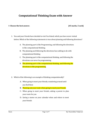 Computational Thinking Exam V2 with Answer Y7 and 8