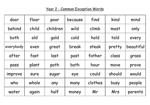 Year 2 Common Exception Word Grid