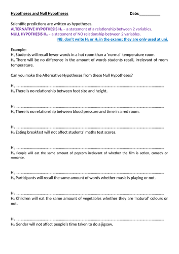 writing null and alternative hypothesis worksheet with answers