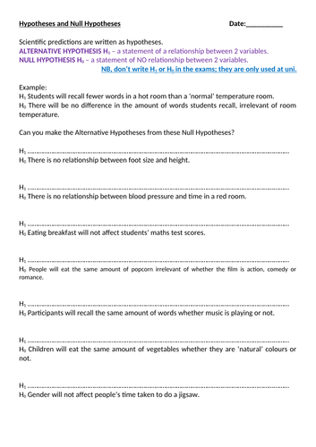 null and alternative hypothesis activity