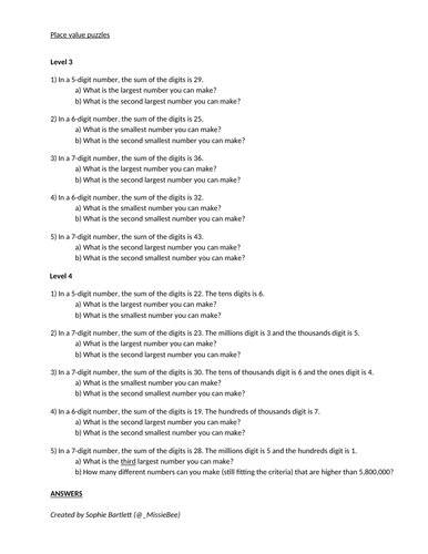 Year 5/6 place value puzzles (reasoning/problem solving)