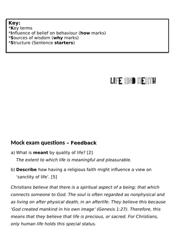 EDUQAS GCSE RS Route A Component 1 (Philosophy and Ethics) Life and Death Test D model answers