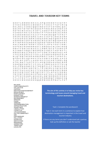 Travel and Tourism impacts on destinations - wordsearch and activities